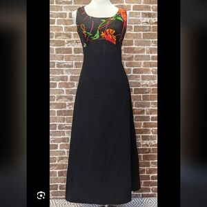 Vintage 70s Floral Maxi Black Hostess Cocktail Evening Party Dress | Size M